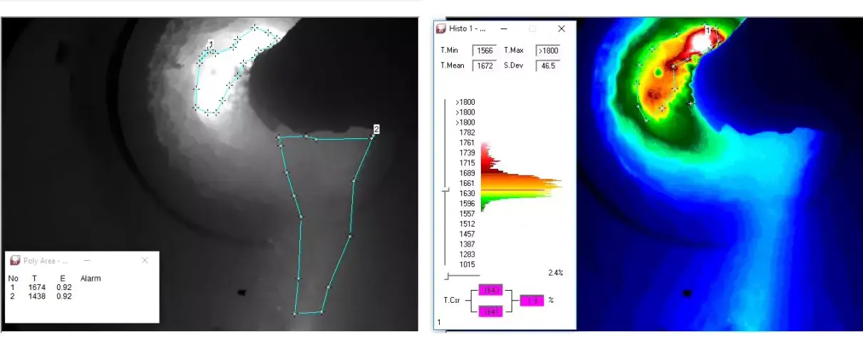 Obraz kamery termowizyjnej z pomiarem temperatury w palecie barw czarno-biały