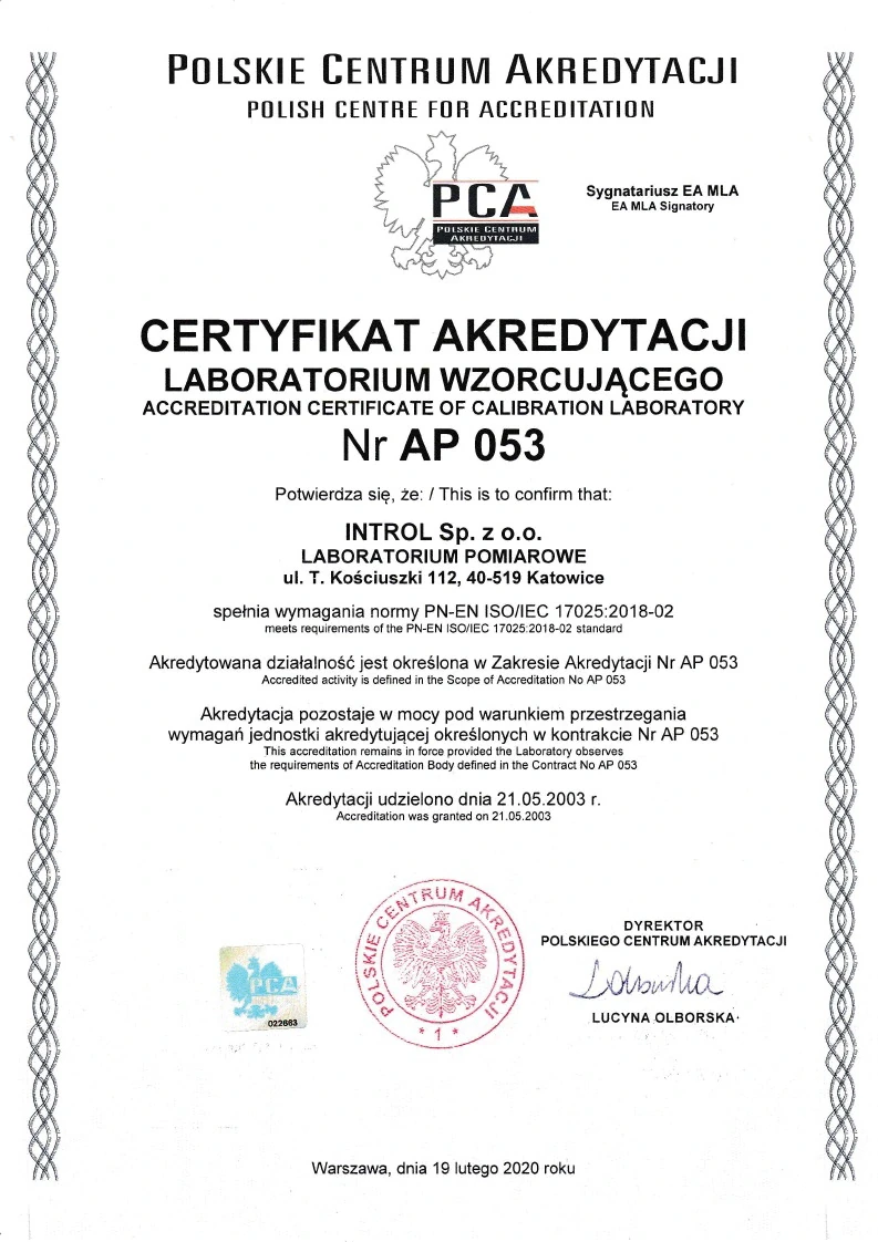 Certyfikat Akredytacji Laboratorium Introl Certyfikat Akredytacji Laboratorium Introl