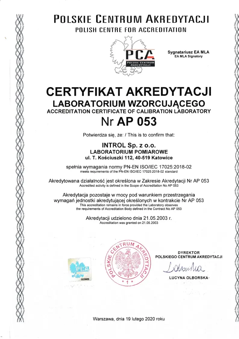 Certyfikat Akredytacji Laboratorium AP 053