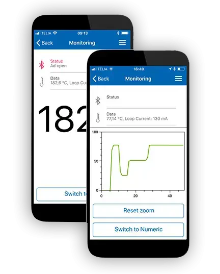 Urządzenie mobilne do bezprzewodowej komunikacji i konfiguracji między przetwornikiem temperatury a smartfonem.