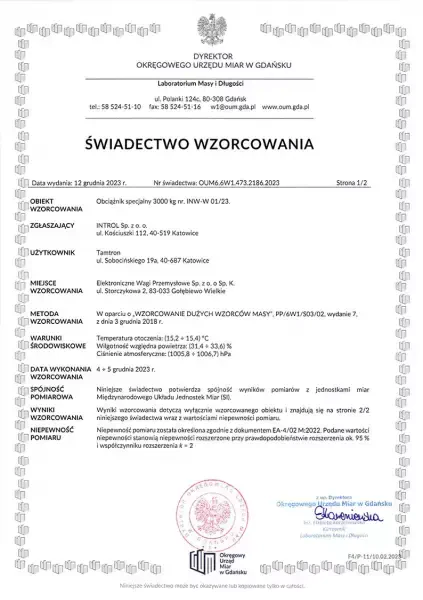 Świadectwo Wzorcowania wózka kolejowego Świadectwo Wzorcowania wózka kolejowego
