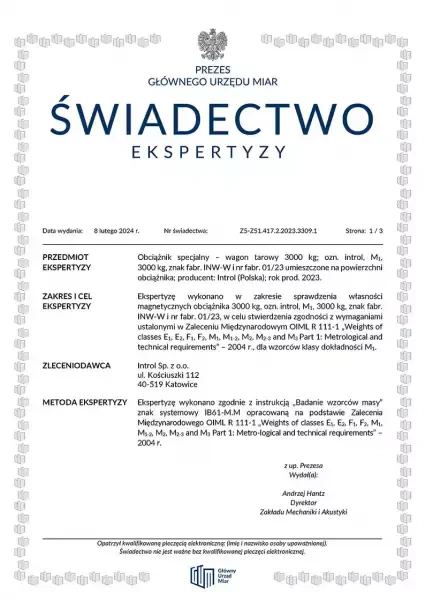 Świadectwo Ekspertyzy wózka kolejowego Świadectwo Ekspertyzy wózka kolejowego