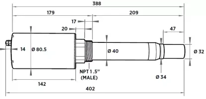 Wymiary czujnika stężenia metanu w biogazie MGP260