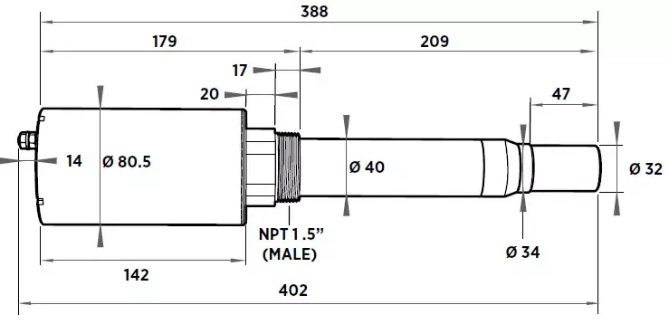 Wymiary czujnika stężenia metanu w biogazie MGP260